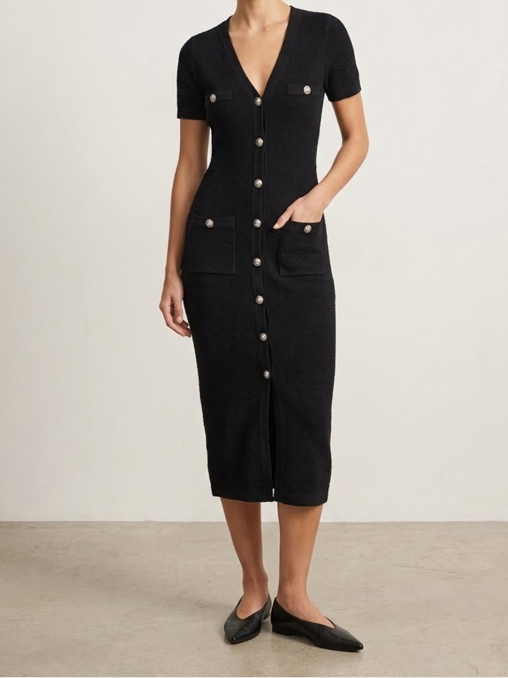Zoe and Claire Black Knit V-Neck Midi Dress Gold Crest Buttons S